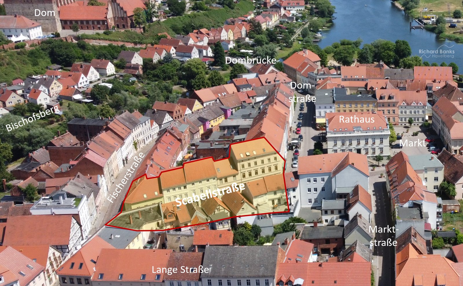 Luftbild 2023: Scabellstraße Havelberg mit Markierung, Dom, Dombrücke, Rathaus und Markt