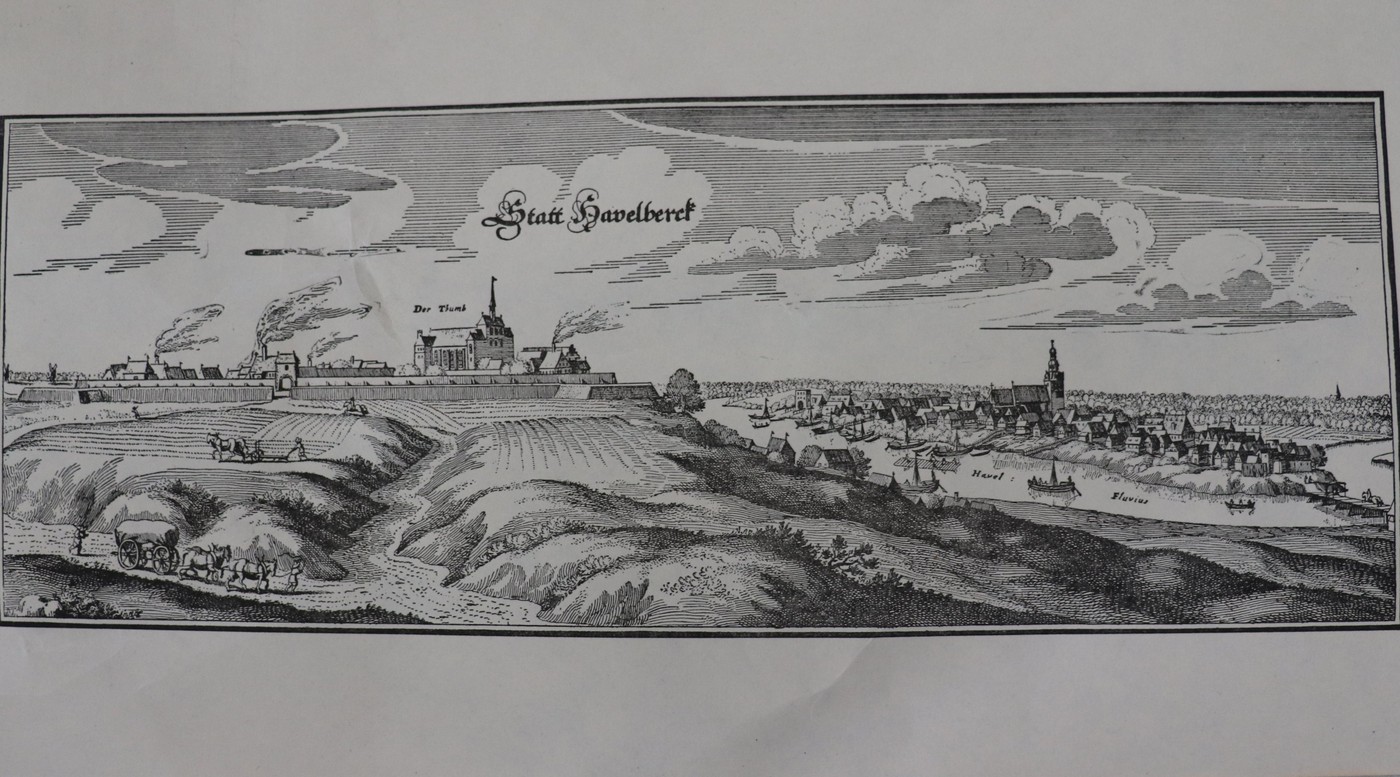 Historischer Kupferstich Statt Havelberck mit Domberg und Stadtinsel