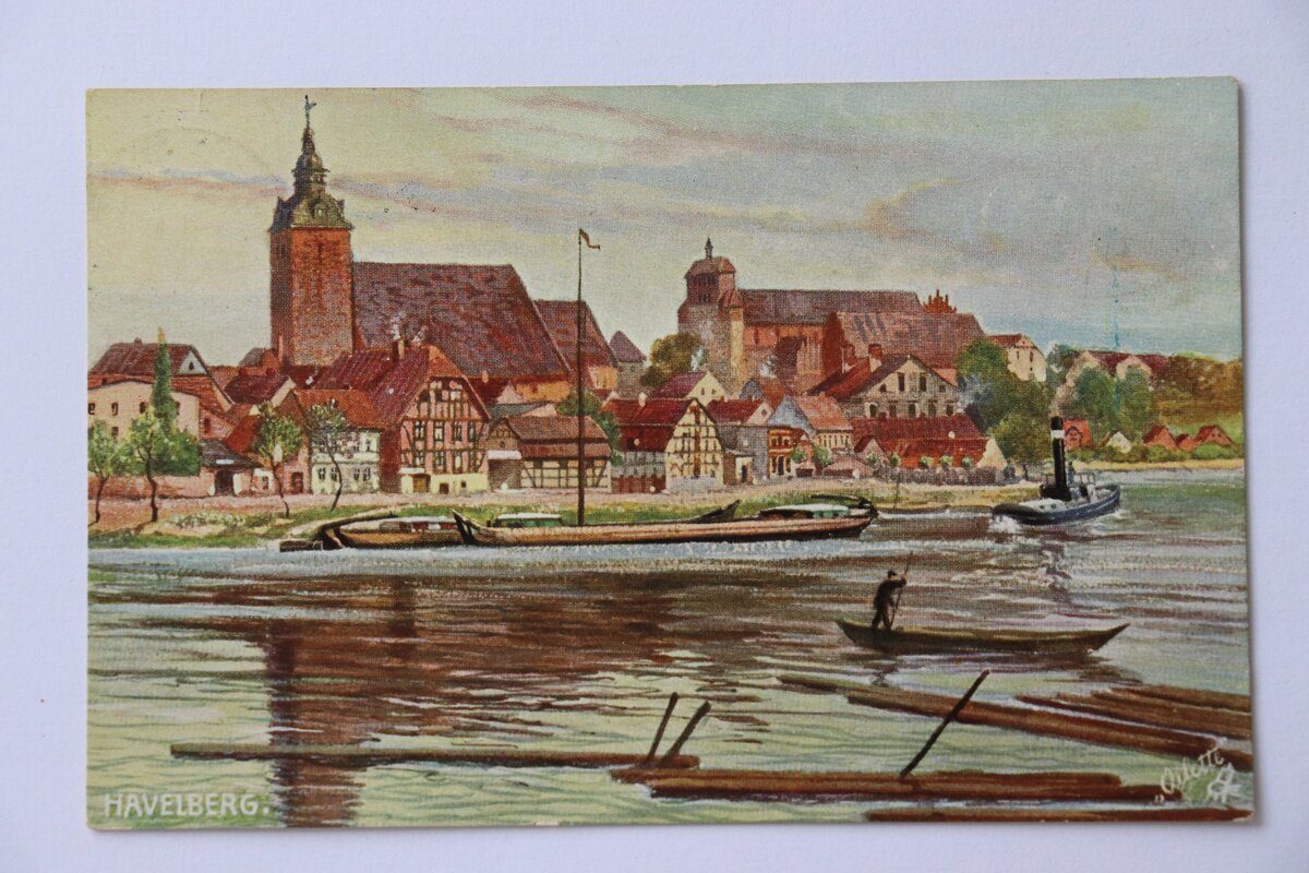 Historische Postkarte: Havelberg um 1910, Frachtkahn im Schlepp vor der Stadtinsel mit Dom und Stadtkirche