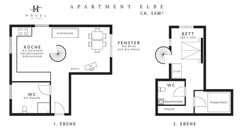 Grundriss Apartment Elbe: zwei Ebenen, ca. 55 Quadratmeter